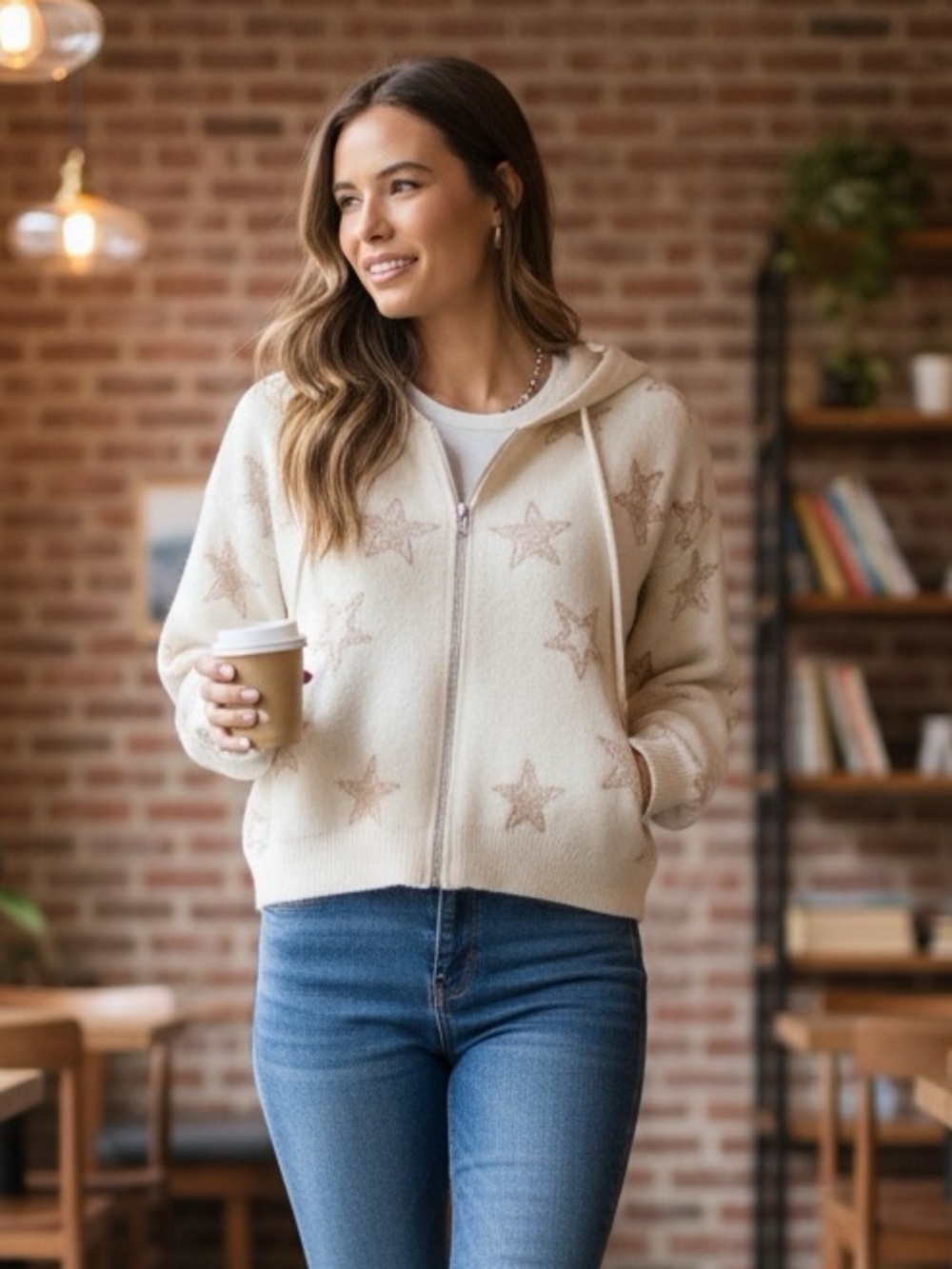 Cream Zip-Up Sweater Jacket with Gold Stars and Hood, L